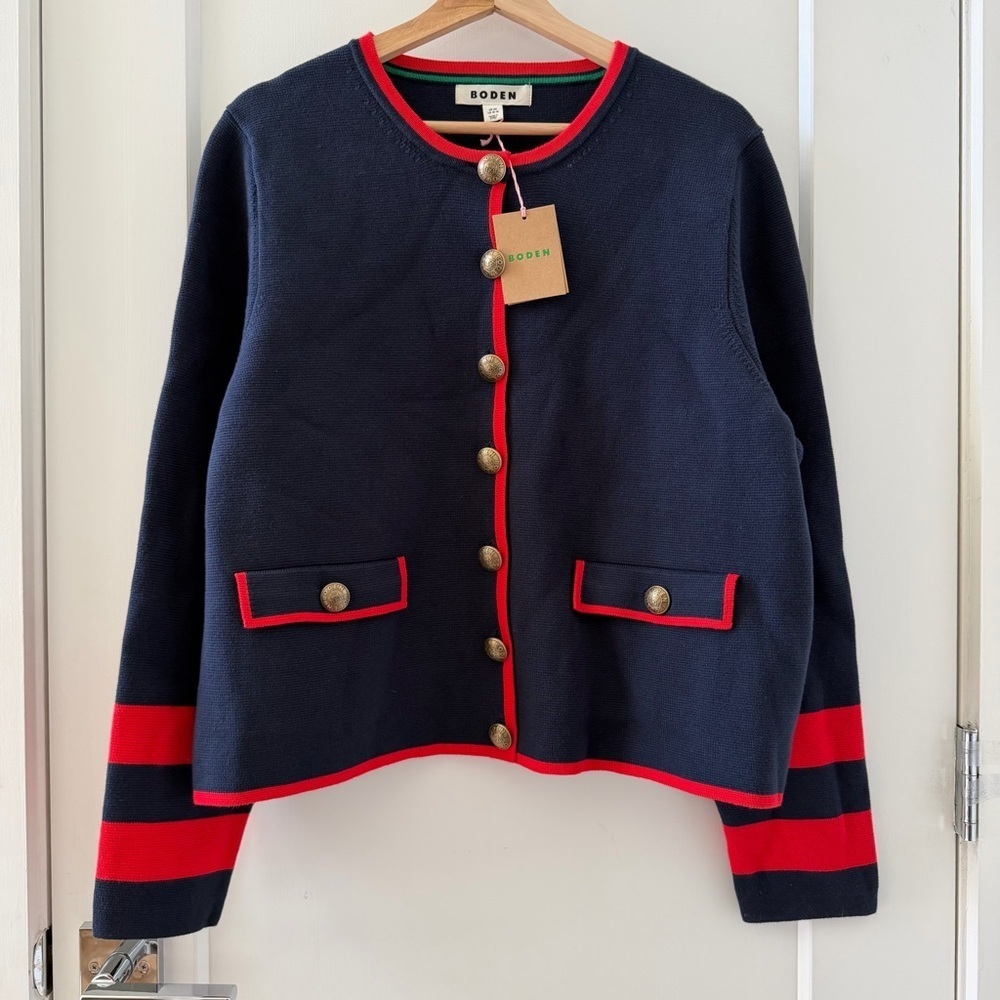 Boden Blue 100% Cotton Holly Knitted Cardigan Navy Red Knitted Size 16-18 NWT - Picture 5 of 13